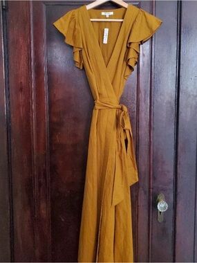 Madewell Mustard Wrap Maxi Dress with Ruffle Sleeves
